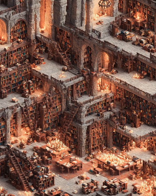 A detailed isometric digital illustration depicts a massive, multi-tiered library carved into stone, filled with endless bookshelves, warm glowing chandeliers, and scattered reading tables.