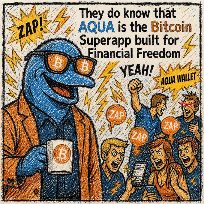 This cartoon features a dolphin embracing Bitcoin, highlighting AQUA as the Bitcoin Superapp for Financial Freedom, with people excitedly reacting. The image relates to the post by reinforcing the message behind the #AQUA hashtag.