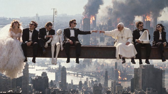 A satirical image recreating the iconic 'Lunch atop a Skyscraper' photo, showing various figures (including a bride, men in suits, a robot, the Pope, and others) sitting on a steel beam with a burning city skyline in the background.