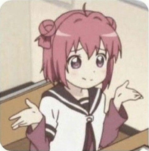 An anime-style illustration of a young girl with pink hair in twin buns, wearing a sailor-style school uniform, shrugging with her palms facing up in a confused or indifferent gesture.