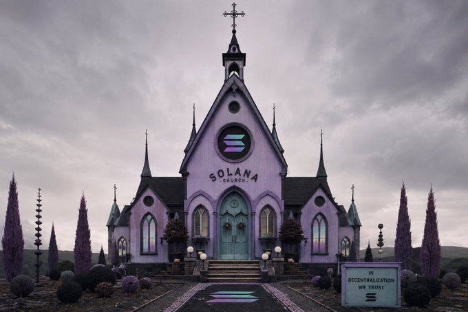 A purple gothic-style church building with a cross on top, featuring a Solana Church sign and 'IN DECENTRALIZATION WE TRUST' billboard, with purple vegetation under a cloudy sky.