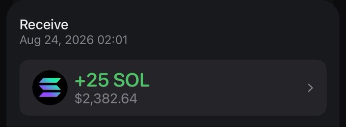 A dark-themed transaction notification shows a "Receive" alert dated Aug 24, 2026 at 02:01, displaying "+25 SOL" in green text with a USD value of "$2,382.64" next to the Solana logo, serving as proof of the contest prize mentioned in the post.