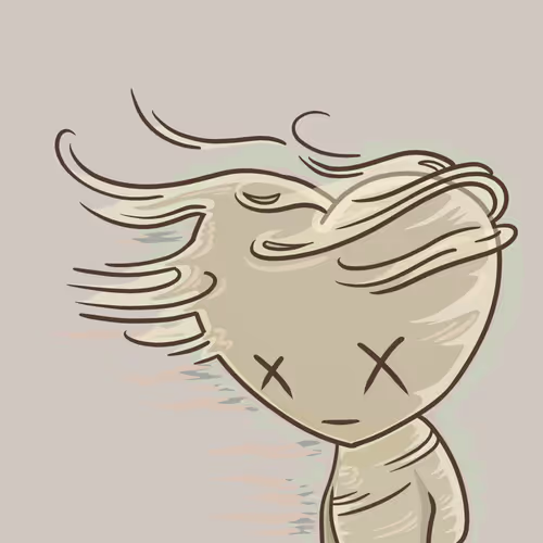 A digital cartoon illustration of a stylized character with flowing hair and X-shaped eyes, appearing sad or defeated against a light pink background.
