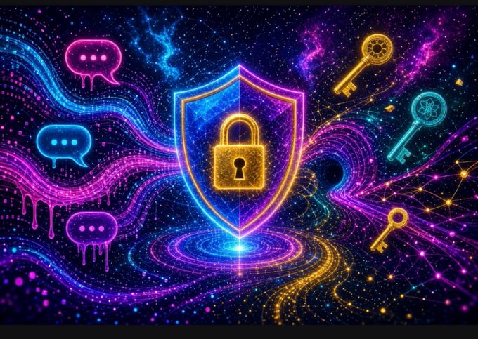 A vibrant neon-style digital illustration features a glowing padlock shield in the center, flanked by chat bubble icons on the left and three keys (gold, teal, and orange) on the right, set against a cosmic purple and blue background.