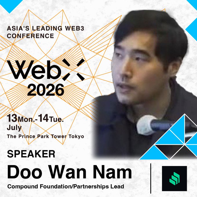 A WebX 2026 conference promotional poster featuring speaker Doo Wan Nam, Compound Foundation/Partnerships Lead, advertising the event on July 13-14 at The Prince Park Tower Tokyo.
