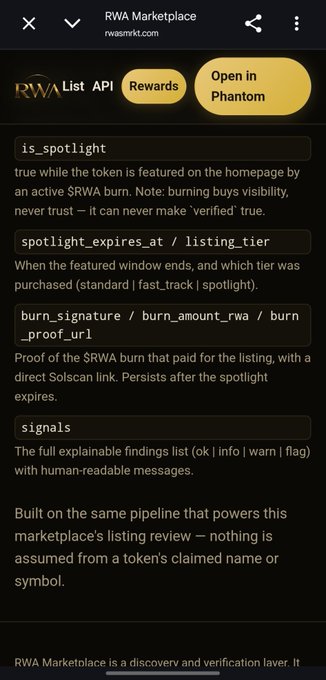 A mobile screenshot from rwamrkt.com showing the RWA Marketplace listing API documentation, featuring an 'Open in Phantom' button and details about is_spotlight, burn_signature, and signals.