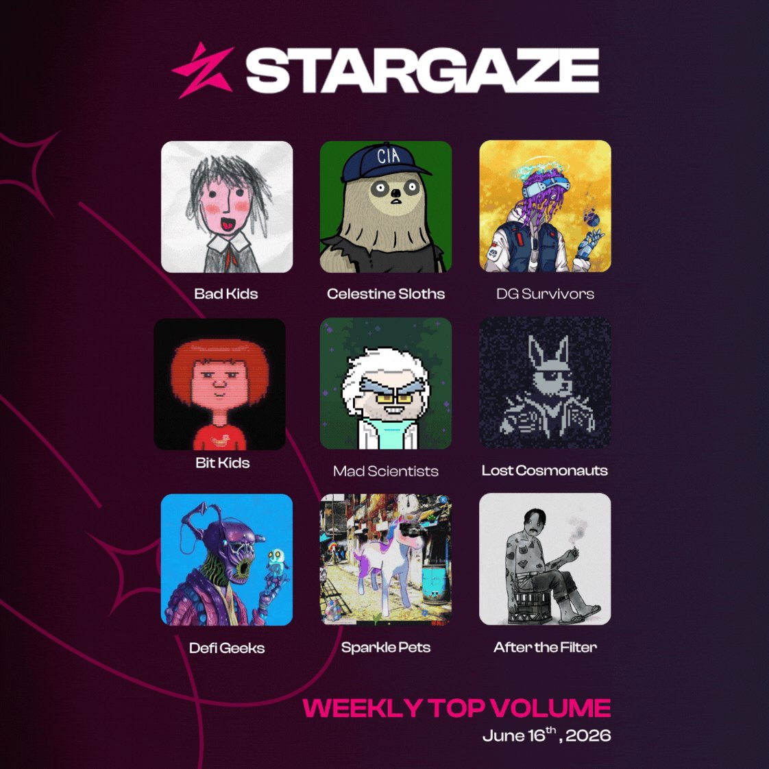 The image features a poster for the website "Stargaze" with a list of eight different artists, including children's characters such as bad kids, Celestine Sloths, DC Survivors, Bit Kids, Mad Scientists, Lost Cosmonauts, and Unicorns. The poster also includes a list of their respective social media handles, which are listed in order from left to right: @badkidsart, @CelestineSloths, @DeFiGeeksNFT, @DeFiGeeksNFT, @UnicornioNFT, @brdsig, @madscientists_x, and @afterthefilter. The poster also includes a list of the artists' social media handles in order from left to right: @badkidsart, @CelestineSloths, @DeFiGeeksNFT, @DeFiGeeksNFT, @UnicornioNFT, @brdsig, @madscientists_x, and @afterthefilter.