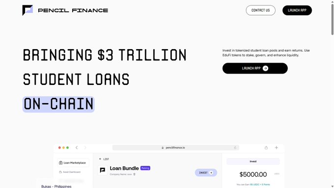 The image displays Pencil Finance's promotional webpage featuring the headline "Bringing $3 Trillion Student Loans On-Chain" and a "Launch App" button, alongside a preview of their loan bundle interface. This aligns with the post's announcement of Pencil Finance completing the first fully on-chain lending cycle for student loan financing on the EduChain blockchain.