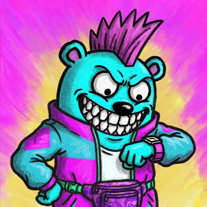 A cartoon illustration of a cyan bear character with a purple mohawk, a wide toothy grin, and a purple jacket, looking at a smartwatch against a bright pink and yellow radial background.