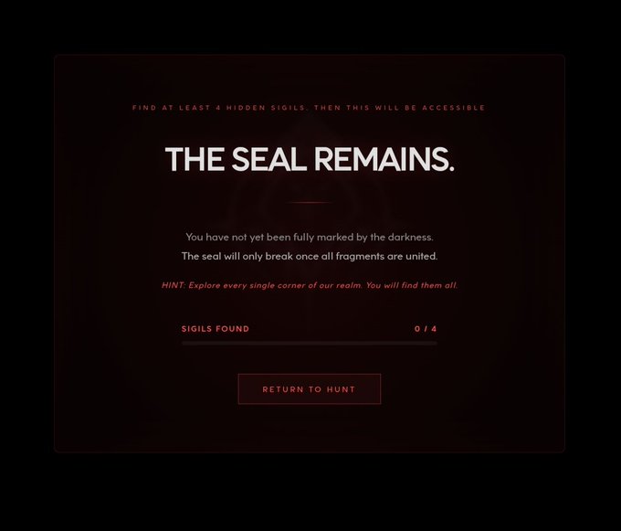 The image displays a dark-themed game-like interface with the bold message "THE SEAL REMAINS," indicating the player has found 0/4 hidden sigils, and a "RETURN TO HUNT" button, tying into the accompanying post about the final 24 hours of the WHITELIST HUNT at hauntinghoods.xyz where 300 whitelist spots remain.