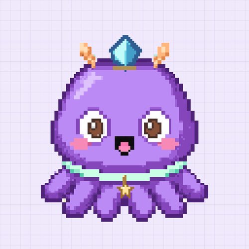 A pixel art image of a cute purple octopus character adorned with a blue crystal crown, orange antennae, and a star pendant necklace. The post suggests this is a NFT collectible received from the @squinkfun team, welcoming the user into the "SquinkFam" community.