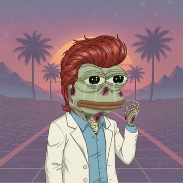 A digital illustration depicts a Pepe the Frog character styled with a red pompadour hairstyle, wearing a white lab coat and blue shirt, holding a martini glass against a vaporwave-style sunset background with palm trees and a grid floor.