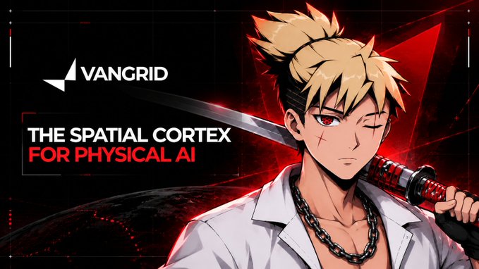 An anime-style promotional graphic for VANGRID features a blond swordsman against a red-and-black digital background. Prominent text reads “VANGRID” and “THE SPATIAL CORTEX FOR PHYSICAL AI,” reinforcing the accompanying post’s interest in VANGRID’s live network, real-world utility, and potential USDC rewards.