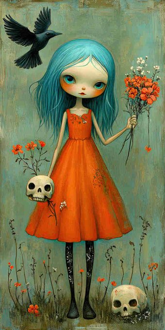 A whimsical, gothic-style painting of a big-eyed girl with teal hair in a red dress, holding a bouquet of orange flowers and a small skull, with a black crow flying above and another skull at her feet.