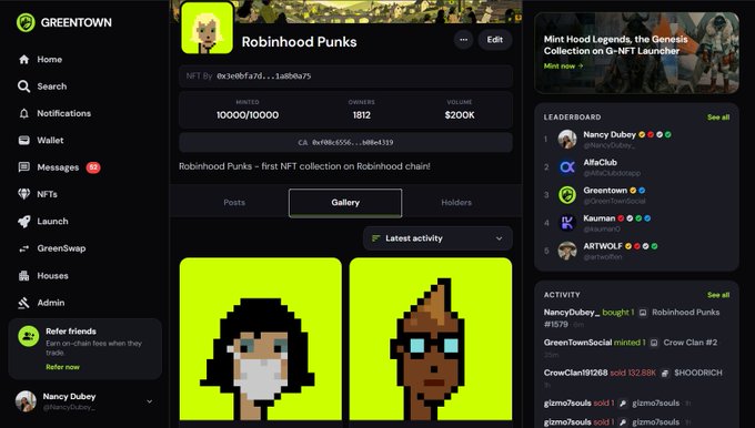 A screenshot of the "Robinhood Punks" NFT collection page on Greentown, showing 10,000/10,000 minted, 1,812 owners, and a $200K trading volume, with two pixel-art character previews in the gallery. The page supports the post's announcement of the collection being listed on Green Town, highlighting its first NFT status on the Robinhood chain.