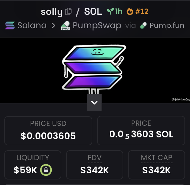 A screenshot of the "solly" memecoin (SOL/SOL) on Solana via PumpSwap and Pump.fun, showing a price of $0.0003605 USD, $59K liquidity, and a $342K market cap, with the "Solana mascot" themed banner artwork. The image illustrates the post's humorous claim that the token represents the official Solana mascot, tying the project directly to the Solana brand identity.