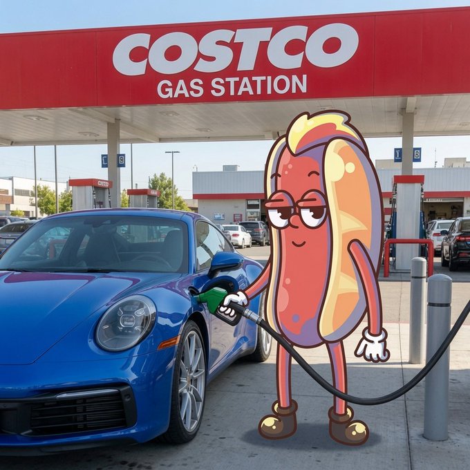 A cartoon hot dog character wearing glasses pumps gas into a blue Porsche at a Costco Gas Station.