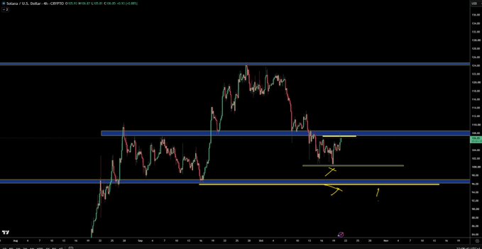 A TradingView chart for SOL/USDT shows a volatile selloff from the $160–$170 area toward the $120–$130 zone, with marked horizontal support levels and yellow downside projections. It illustrates the post’s view that SOL likely needs to undercut the highlighted lows around the low-$120s before confidently forming a bottom.