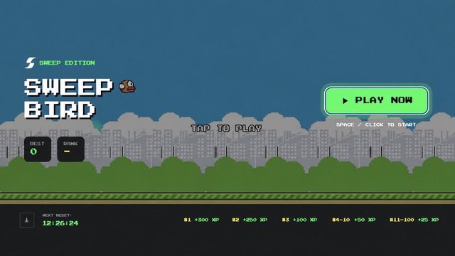 A pixel-art "Sweep Bird" game screen featuring a Flappy Bird-style title with "PLAY NOW" and "TAP TO PLAY" prompts, along with XP rewards (B1 +500 XP, B2 +250 XP, etc.) and a daily reset timer reading 12:26:24. The image ties into the $SWEEP airdrop promotion by gamifying the token with a playable arcade-style experience.