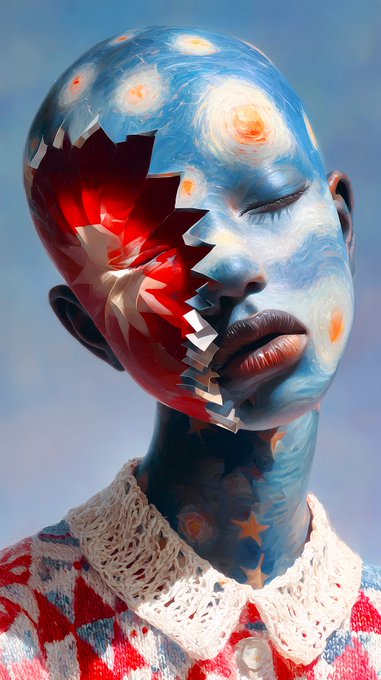 A surreal digital artwork of a figure with a blue Van Gogh "Starry Night" painted face, a jagged broken section revealing red mechanical-looking interior, wearing a red and white patterned collar.