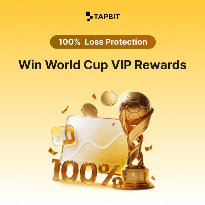 The image presents an advertisement for a trading platform called Tapbit, which is promoting an exclusive offer for World Cup VIP rewards. The advertisement features a trophy with a soccer ball attached to it, showcasing the prize that can be won through this program. It also displays the words "100% Loss Protection" and "Win World Cup Vip Rewards", indicating that only those who protect their losses will receive the reward. To participate in this offer, users are required to follow certain steps, including checking details on the CMT platform and signing up for the trading account. The post emphasizes a special bonus where the first 100 users will receive an additional 2,000 USDT trading bonuses at no cost.