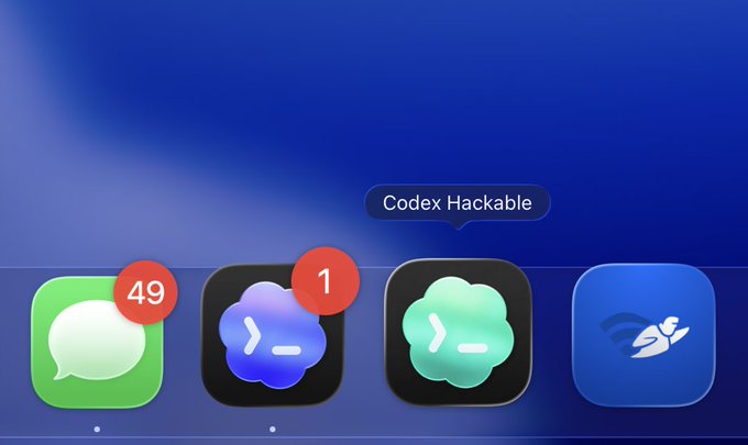 The image shows an iOS dock with four app icons: the green Messages app displaying a notification badge of "49," a dark blue Codex app also with "1" notification, a second teal Codex app, and a blue character icon. A tooltip reading "Codex Hackable" appears above the apps, visually supporting the post's claim about keeping two versions of Codex installed.