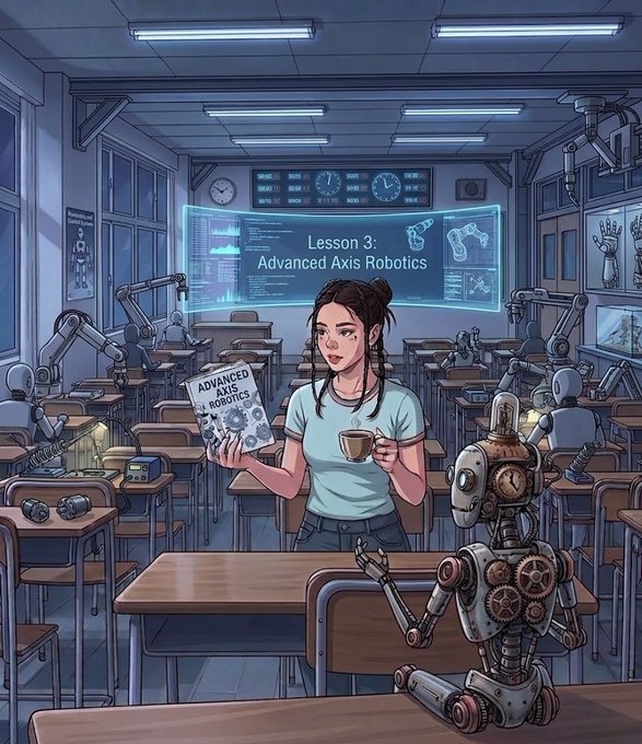 An illustration of a girl in a robotics classroom holding a book titled 'ADVANCED AXIS ROBOTICS' and a coffee cup, with a projection reading 'Lesson 3: Advanced Axis Robotics' behind her.
