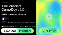 A promotional banner for '10X Founders DemoDay v2.0' featuring logos for Yellow, Imperial College, and Cisco, with a $150,000 prize pool and an 'Apply Now' button.