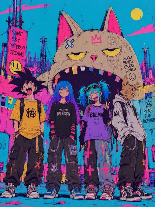 An anime-style illustration shows four characters in colorful streetwear posing in front of a giant cat mural with signs reading 'SAME SKY DIFFERENT DREAMS' and 'GOOD PEOPLE CRAZY WORLD'.