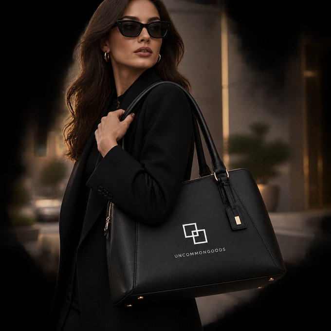 A glamorous woman in a black coat and sunglasses holds a black leather handbag branded with the 'UNCOMMONGOODS' logo and a square symbol.