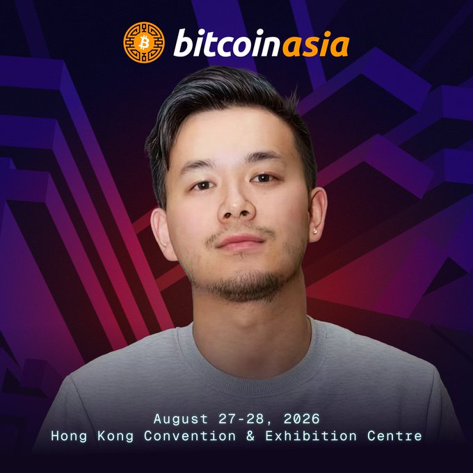 A promotional poster for 'bitcoin asia' features a man in a gray shirt against a purple and red geometric background, with text announcing the event on August 27-28, 2026 at the Hong Kong Convention & Exhibition Centre.