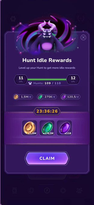 A "Hunt Idle Rewards" pop-up screen from a game shows a dark purple creature with horns, displaying level 11 (109/110 Hunts) with a countdown timer of 23:36:26 and rewards of 1.5M gold, 270,500 gems, and 118 purple orbs ready to claim. The image illustrates the idle reward/gamification mechanic referenced in the post, visually echoing the theme of users generating value (data or in-game activity) for centralized systems without immediate return.