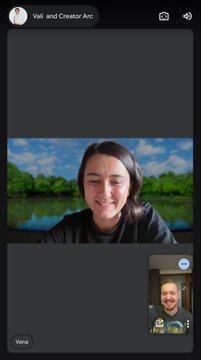 A video call interface labeled 'Vail and Creator Arc' shows a smiling person with a virtual lake background, alongside a smaller inset of another smiling person.