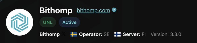 A profile information bar for "Bithomp" on bithomp.com, showing it as "Active" for UNL, with operator and server listed as Sweden and Finland respectively, and software version 3.3.0.