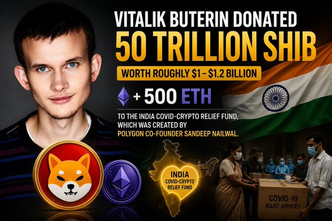 A promotional graphic shows Vitalik Buterin with text reading 'VITALIK BUTERIN DONATED 50 TRILLION SHIB WORTH ROUGHLY $1 - $1.2 BILLION + 500 ETH TO THE INDIA COVID-CRYPTO RELIEF FUND' alongside the Indian flag.