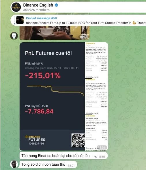 A Telegram post from "Binance English" (358,926 members) sharing a PnL Futures screenshot showing a -215.01% loss (-7,786.84 USD) over a 2-month period from 2026-05-14 to 2026-08-11, with Vietnamese comments including "Tôi mong Binance hoàn lại cho tôi số tiền" (I hope Binance refunds me my money).