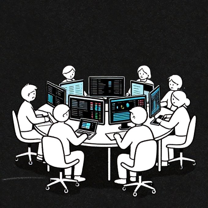 Black and white illustration depicting six people seated around a circular table working on multiple computer monitors and laptops displaying various dashboards.