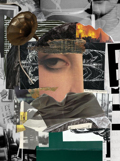The image features an abstract collage with various elements, including a photograph of a person's face, a brown horn-like object, a black and white photo, and other images such as a car and a building. The collage appears to be a mix of analog and digital art styles, creating a visually intriguing piece that captures the viewer's attention. The post mentions an unexpected sadness or melancholy, which could be related to the emotional impact of the artwork or the artist's personal experiences.