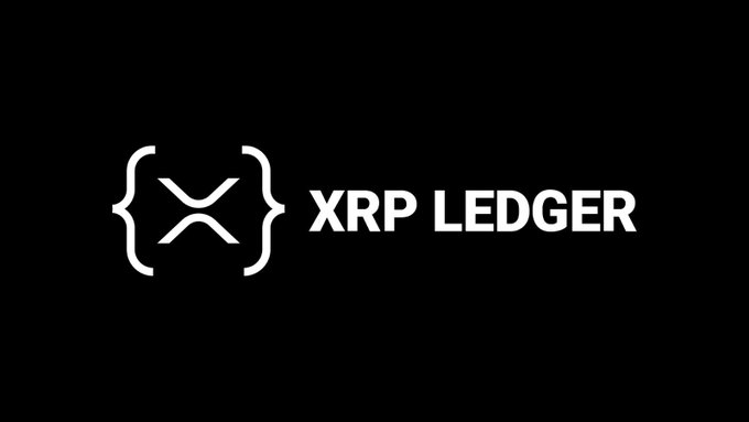 The image displays the "XRP LEDGER" logo in white text alongside its distinctive curly bracket symbol on a black background, which directly corresponds to the announcement about BXE token integration on the XRP Ledger.