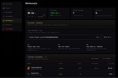 A dark-themed cryptocurrency or financial tracking interface showing metrics like 'BTC DOMINANCE', 'OPEN INTEREST', and 'TOP GAINERS' under a 'referrals' tab.