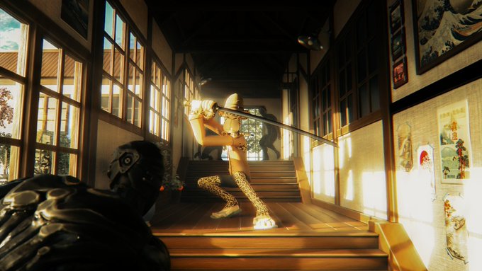 A first-person view shows a player holding a weapon aimed at a leopard-print-clad character wielding a katana on a staircase in a traditional Japanese-style building, tying into the "forget money, I want more time" sentiment by emphasizing a focus on immersive gaming experiences over financial gain.
