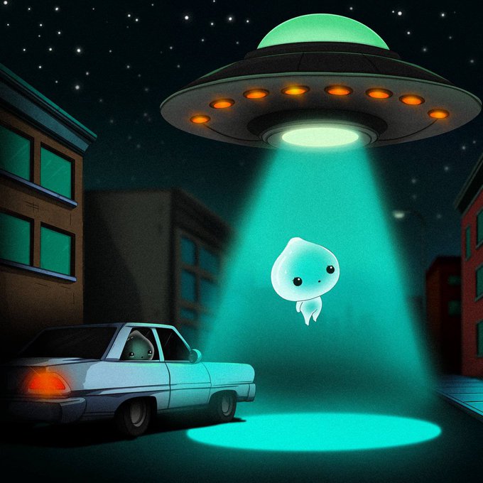Digital illustration of a UFO with glowing orange lights beaming down a small, cute alien creature above a city street, while a car drives by with another small alien visible in the driver's seat.