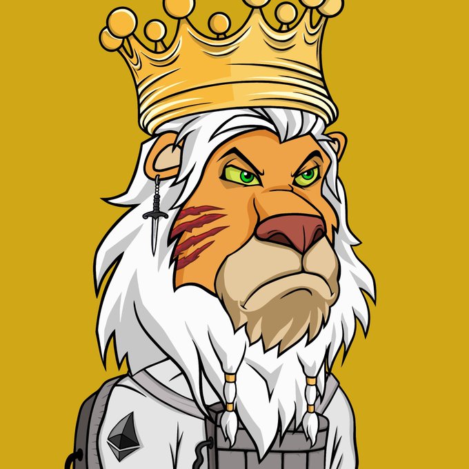 An illustration of a lion-like character with white hair, green eyes, scar markings, wearing a gold crown and armor with a sword earring.