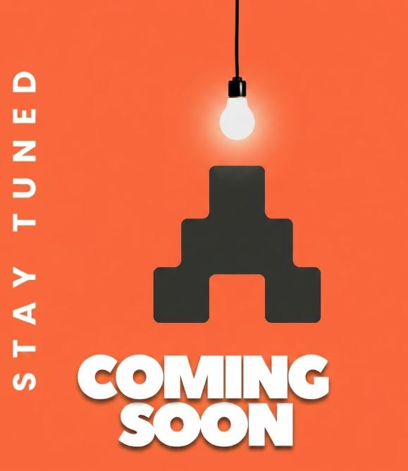 A 'Stay Tuned / Coming Soon' promotional graphic featuring a black pixel-art character under a glowing lightbulb against a solid orange background.