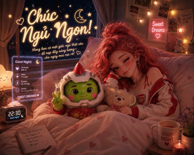 The image features a girl with red hair lying in bed next to a teddy bear, while holding a cup of coffee. The background includes a clock that reads "23:30" and a window with curtains. There are also two books on the nightstand beside her. The caption for this image is "GN fam X @quipnetwork | @TheARCTERMINAL | @NucleusCodes".