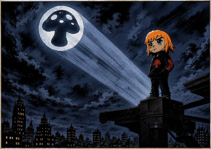 An anime-style illustration of a young girl with orange hair in a black outfit standing on a rooftop at night, gazing up at a giant mushroom symbol beaming light down over a city skyline.