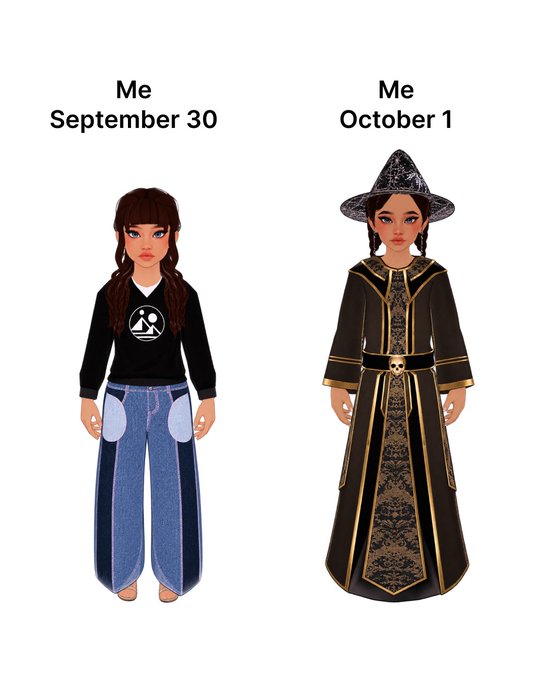 A side-by-side illustration shows a dramatic transformation in two avatars labeled "Me September 30" (casual sweater and jeans) and "Me October 1" (witch robes and pointed hat), humorously depicting an overnight change into full Halloween mode.