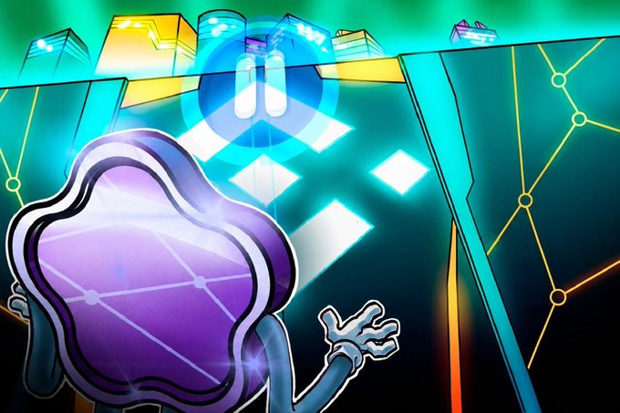 The image features a purple square character standing against a blue background, which appears to be a cityscape or skyline. The character has its arms outstretched as if waving at someone. In the top right corner of the image, there's text that reads "binance is ending nft support on its exchange and shifting nft management to binance wallet. users have until july 
3 to withdraw transferable nfts before they become inaccessible". The character in the image seems to be a symbol or mascot for the cryptocurrency world, possibly representing Bitcoin or another digital currency.