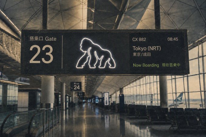 An airport gate sign at Gate 23 displays flight CX 882 to Tokyo (NRT) at 08:45, showing 'Now Boarding' with a glowing gorilla silhouette icon in the center.