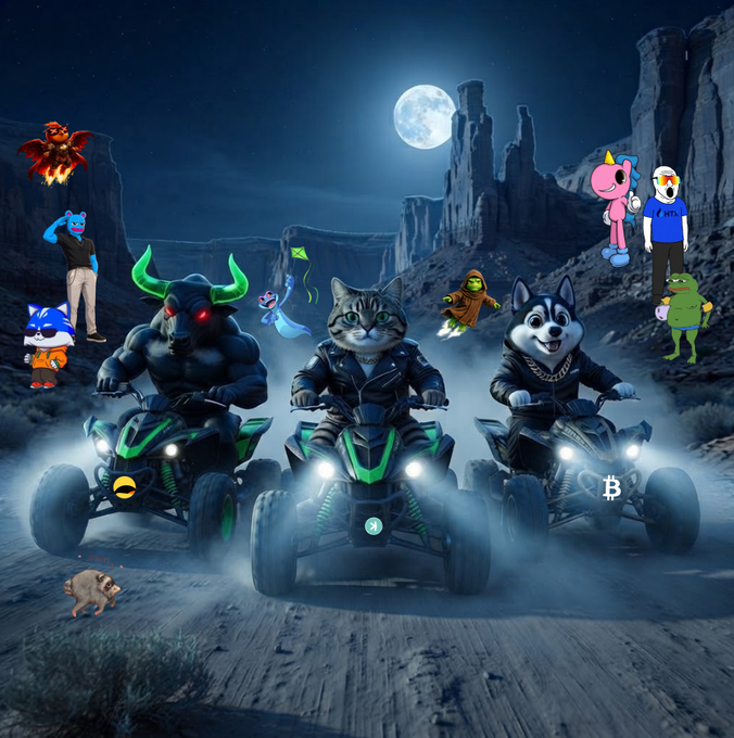 A surreal nighttime scene features a bull, a cat, and a husky riding green ATVs/quad bikes under a full moon in a desert landscape, surrounded by various cartoon characters including Sonic, Pikachu, Pepe, and a figure with a Bitcoin symbol on their vehicle.
